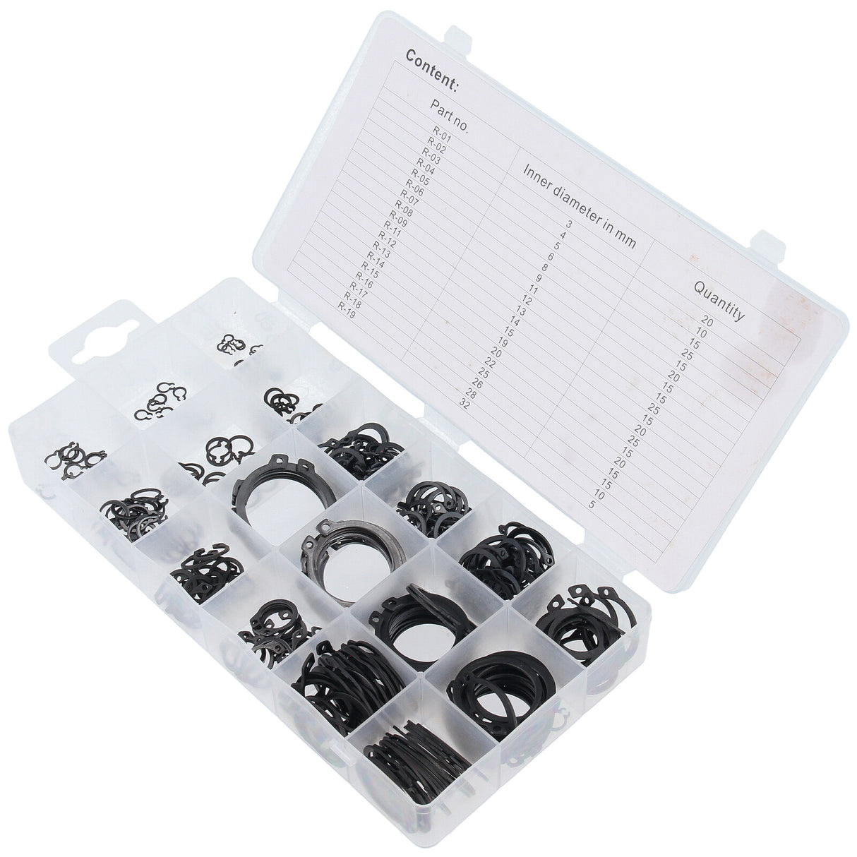 300-tlg Innen-Seegerring Sprengring-Sortiment Ø3-32 mm + Sicherungszangen Satz