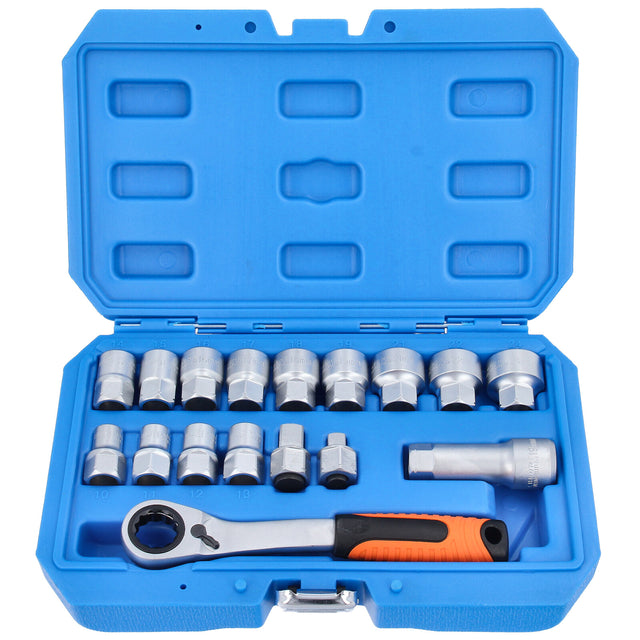 Set di chiavi a bussola passanti da 10-24 mm e cricchetto reversibile da 19 mm 3/8" 1/2" 17 pezzi.