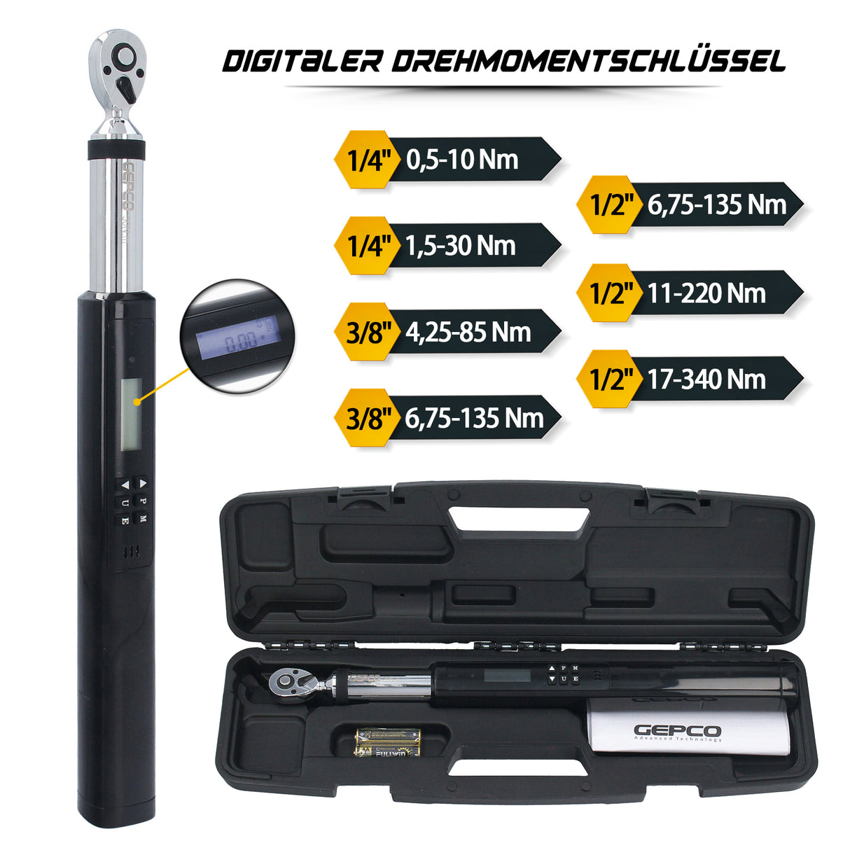 Chiave dinamometrica elettronica 1/4" 3/8" 1/2" fino a 340 Nm Professionale Digitale LED